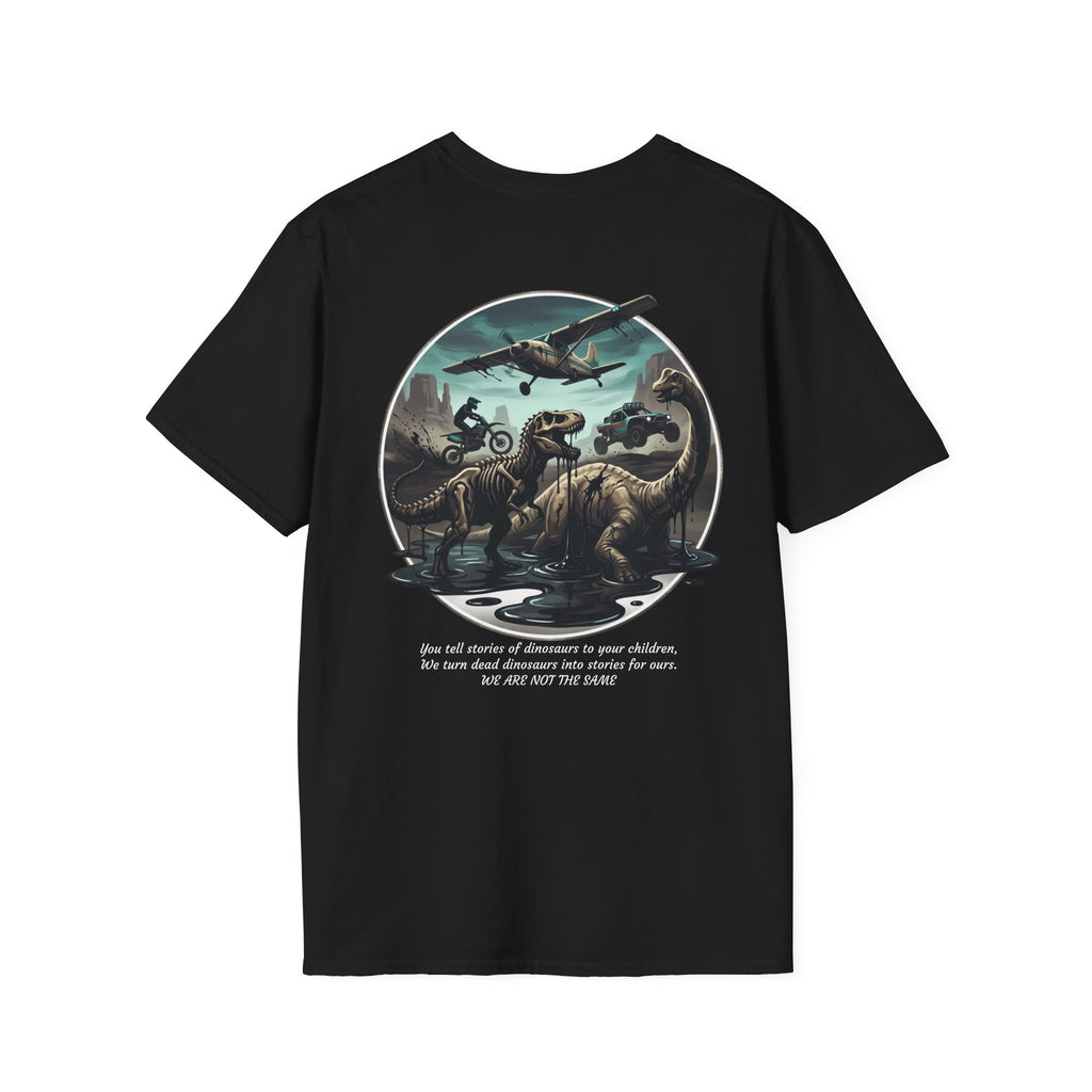 T-Shirt — Vintage Bush Plane Over Mountains "We don't tell stories about dinosaurs..." Travel Adventure Tee