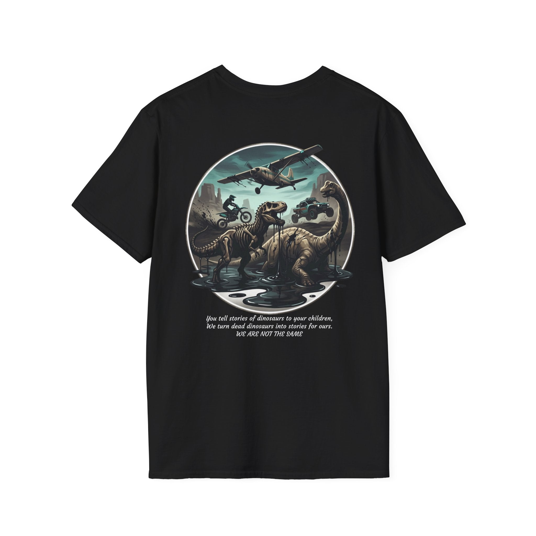 T-Shirt — Vintage Bush Plane Over Mountains "We don't tell stories about dinosaurs..." Travel Adventure Tee
