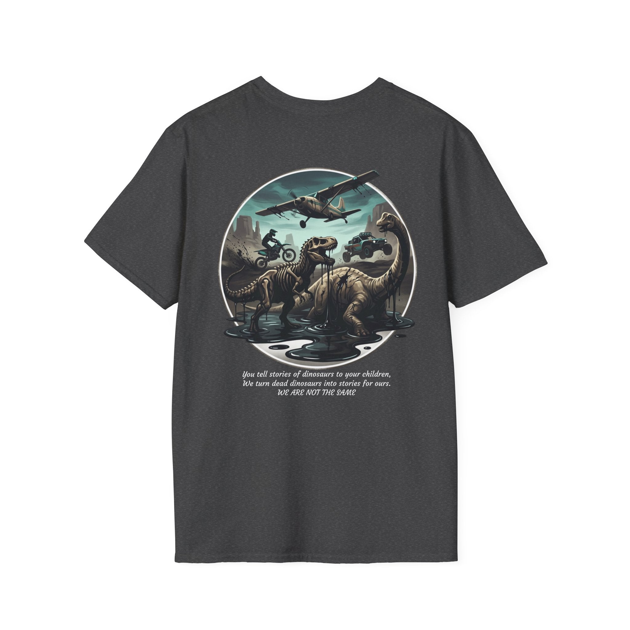 T-Shirt — Vintage Bush Plane Over Mountains "We don't tell stories about dinosaurs..." Travel Adventure Tee