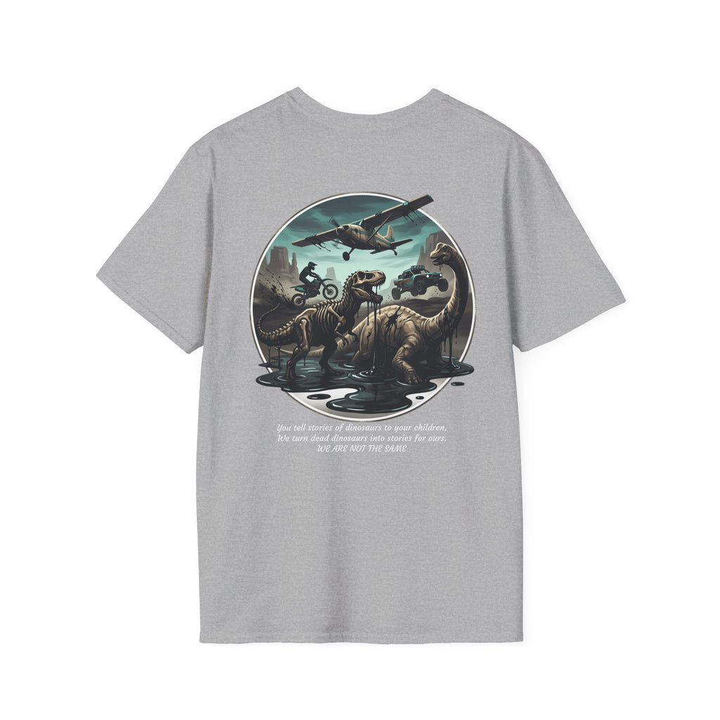T-Shirt — Vintage Bush Plane Over Mountains "We don't tell stories about dinosaurs..." Travel Adventure Tee