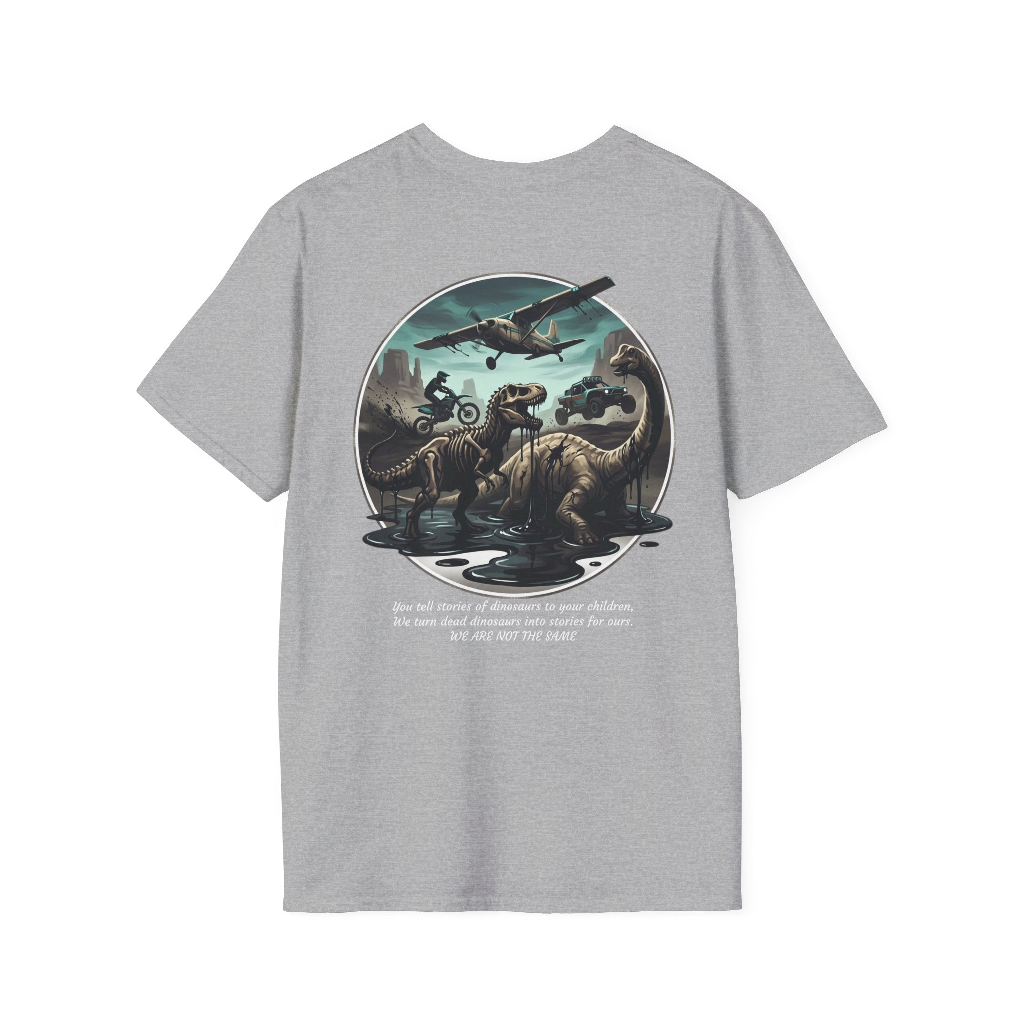 T-Shirt — Vintage Bush Plane Over Mountains "We don't tell stories about dinosaurs..." Travel Adventure Tee