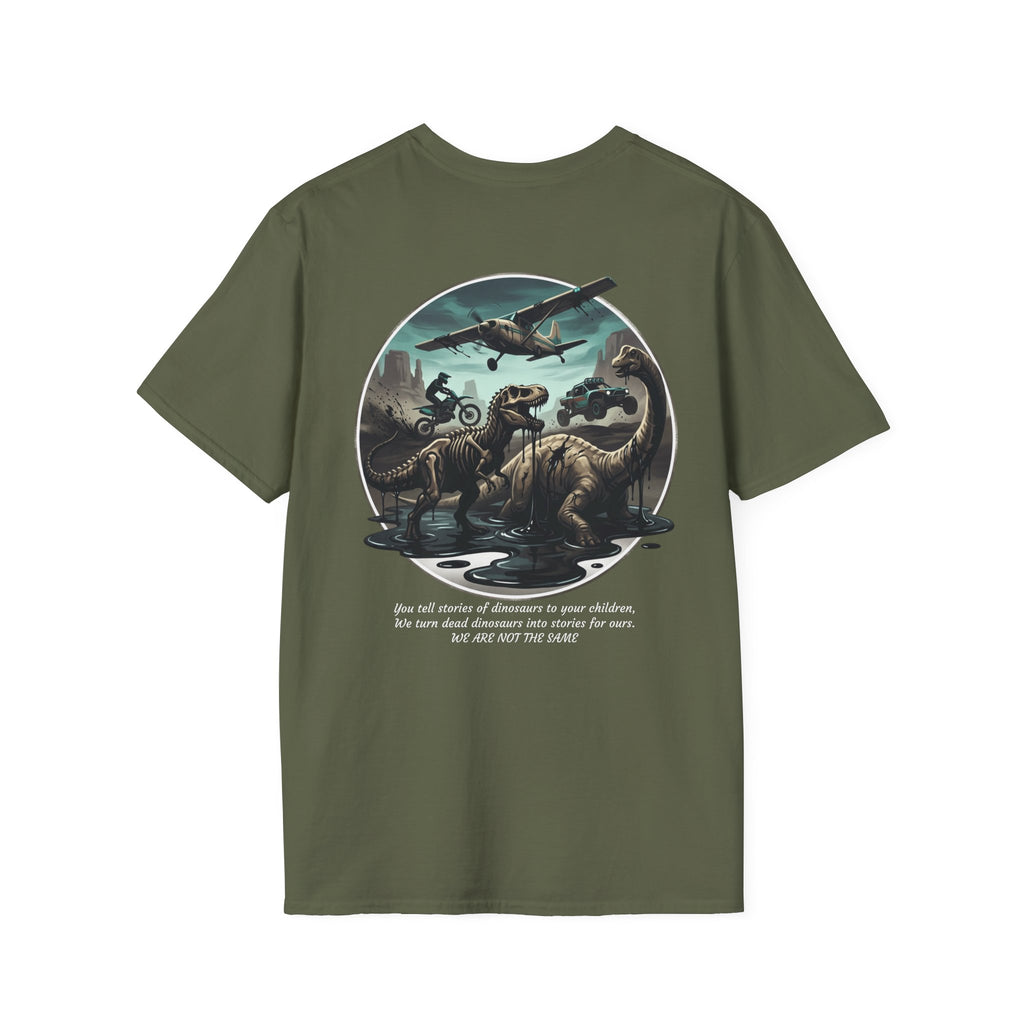 T-Shirt — Vintage Bush Plane Over Mountains "We don't tell stories about dinosaurs..." Travel Adventure Tee